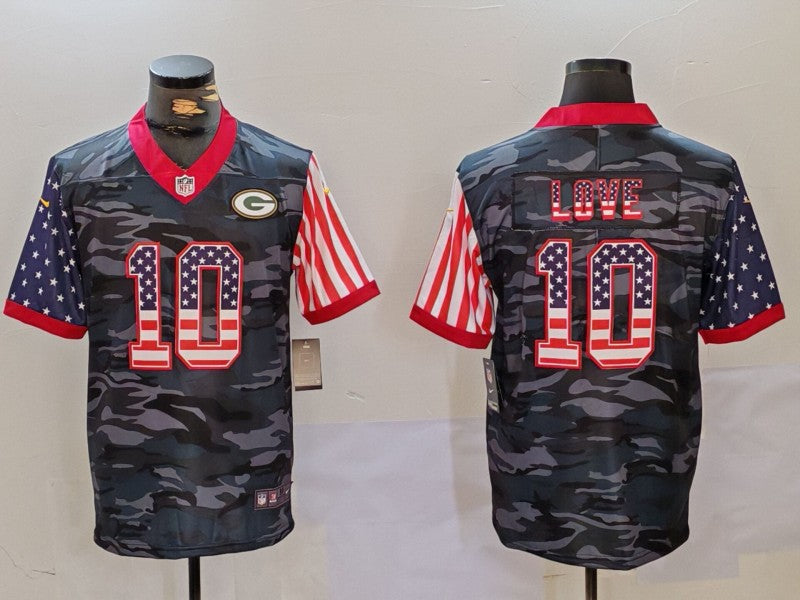 Mens Green Bay Packers #10 Jordan Love Camo USA Flag Limited Stitched Football Jersey