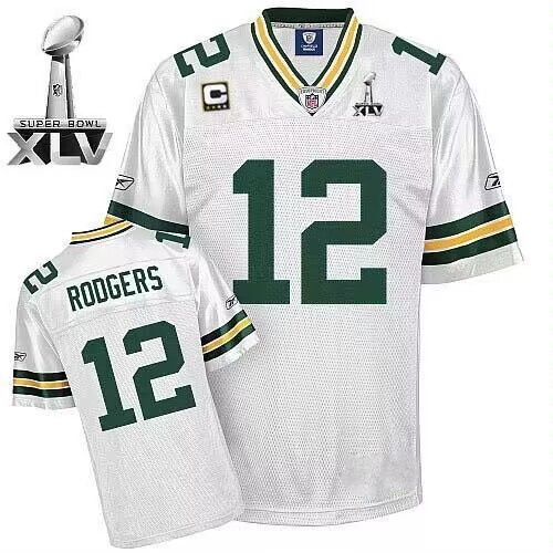 Mens Green Bay Packers #12 Aaron Rodgers White With Super Bowl XLV And C Patch Stitched Football Jersey