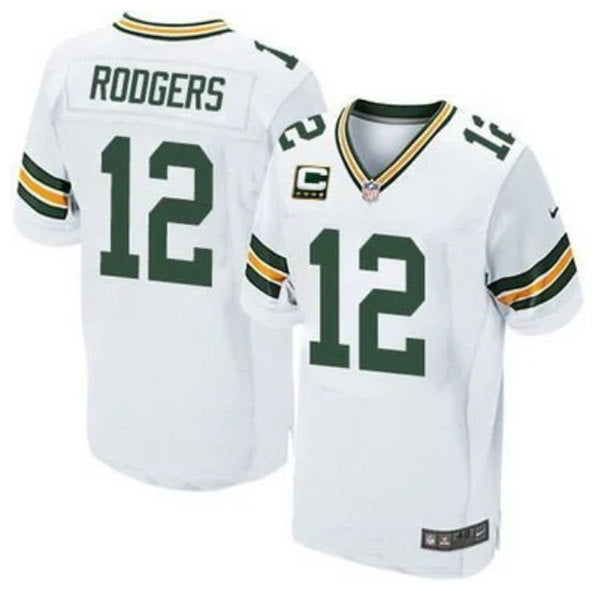 Mens Green Bay Packers #12 Aaron Rodgers White With C patch Stitched Game Jersey