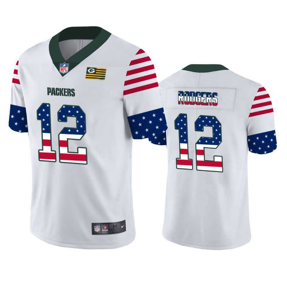 Mens Green Bay Packers #12 Aaron Rodgers White 2019 USA Flag Fashion Limited Stitched NFL Jersey