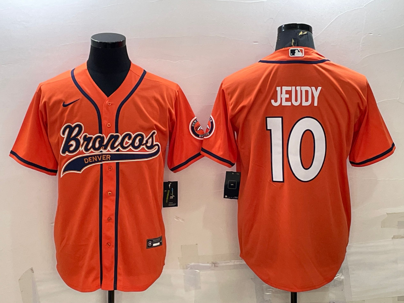 Mens Denver Broncos #10 Jerry Jeudy Orange With Patch Cool Base Stitched Baseball Jersey