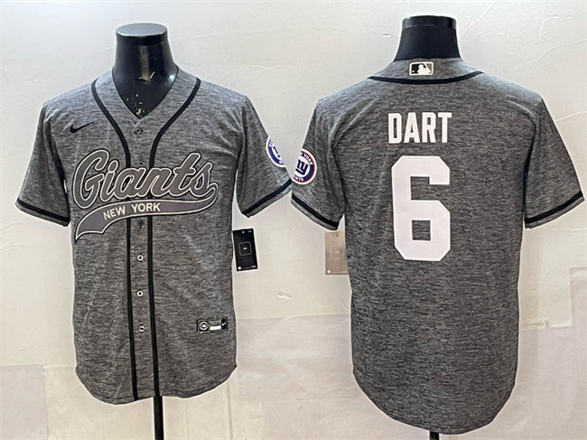 Mens New York Giants #6 Jaxson Dart Gray With Patch Cool Base Stitched Baseball Jersey
