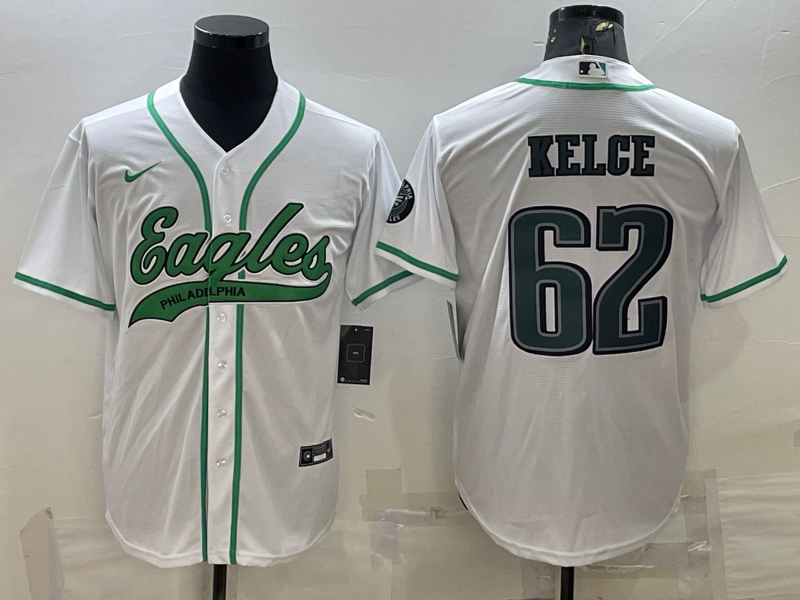 Mens Philadelphia Eagles #62 Jason Kelce White With Patch Cool Base Stitched Baseball Jersey