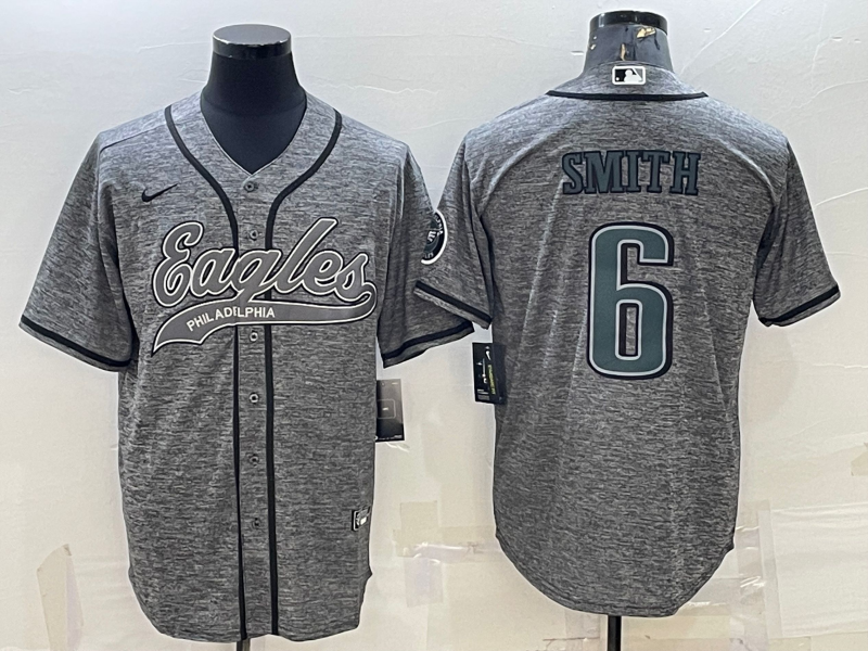 Mens Philadelphia Eagles #6 DeVonta Smith Gray With Patch Cool Base Stitched Baseball Jersey