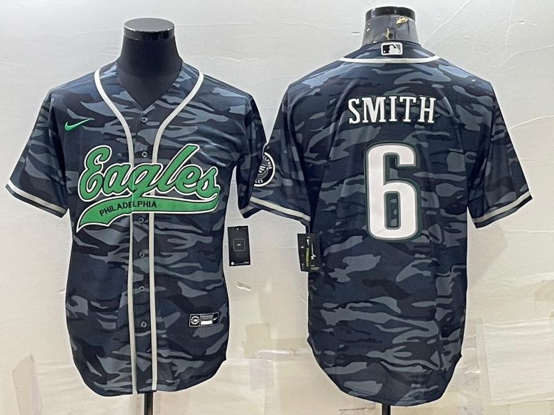 Mens Philadelphia Eagles #6 DeVonta Smith Grey Camo With Patch Cool Base Stitched Baseball Jersey