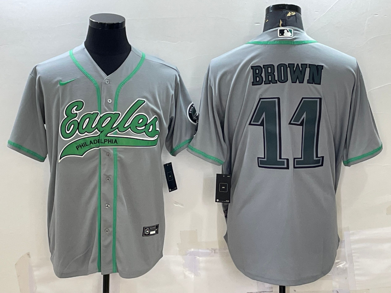 Mens Philadelphia Eagles #11 A J Brown Grey With Patch Cool Base Stitched Baseball Jersey