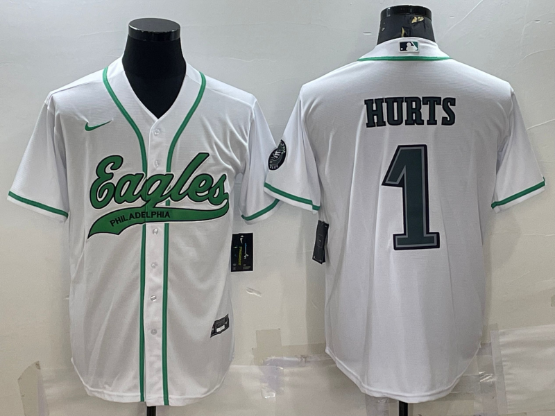 Mens Philadelphia Eagles #1 Jalen Hurts White With Patch Cool Base Stitched Baseball Jersey
