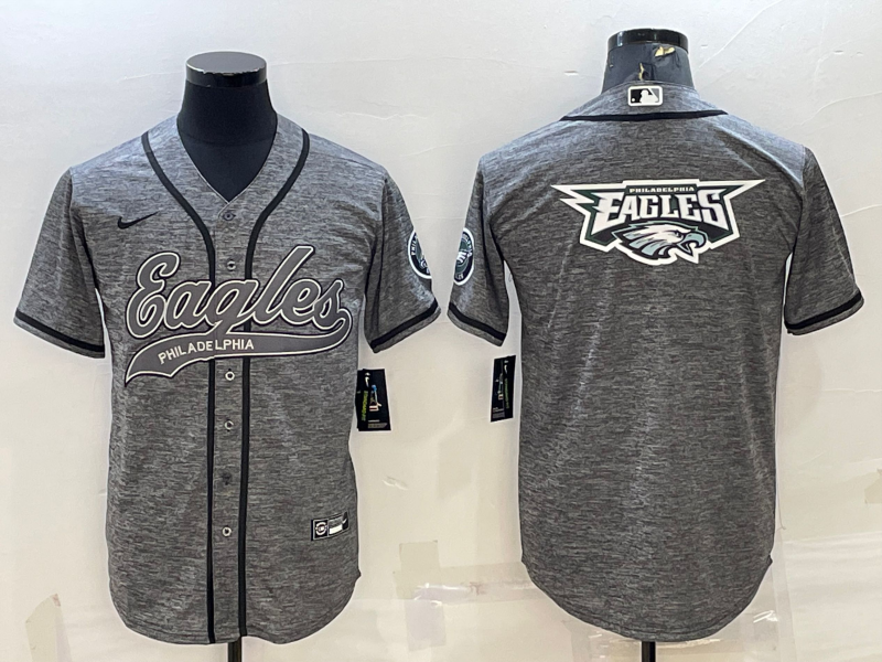 Mens Philadelphia Eagles Grey Team Big Logo With Patch Cool Base Stitched Baseball Jersey