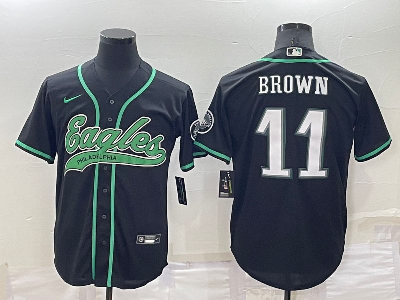 Mens Philadelphia Eagles #11 A J Brown Black Cool Base Stitched Baseball Jersey