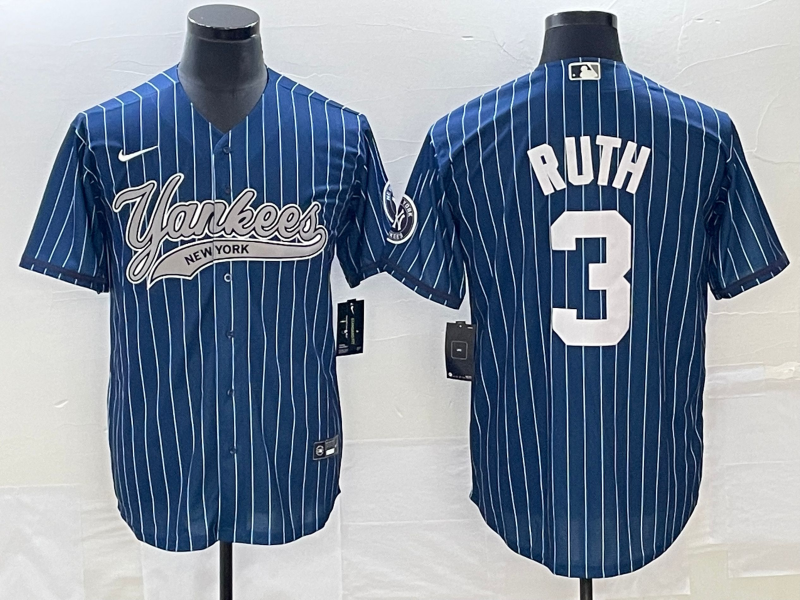 Men's New York Yankees Babe Ruth #3 Blue Jersey Joint Edition