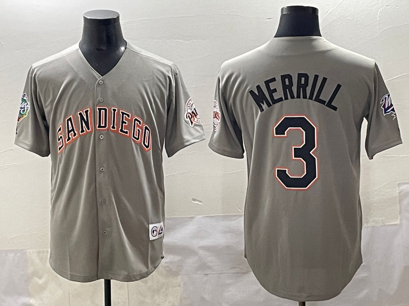 Men's San Diego Padres Jackson Merrill #3 Gray Jersey